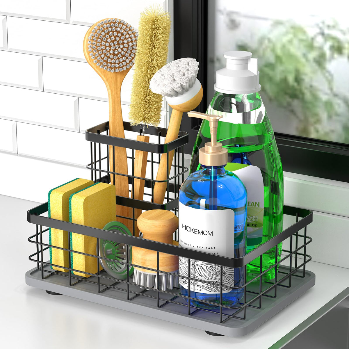 HOKEMOM large family sponge holder keeps kitchen sponges neatly organized and dry.