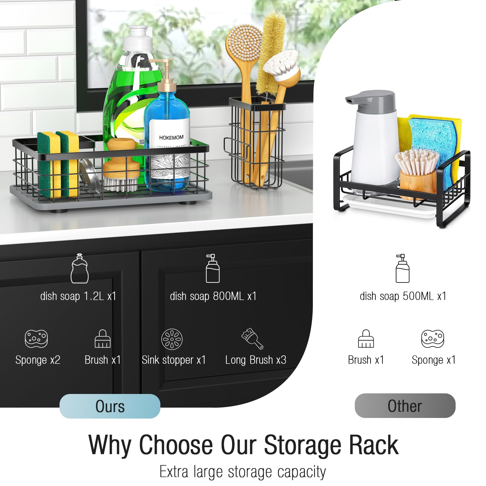 HOKEMOM stainless steel sink caddy provides a durable, rust-resistant storage solution.