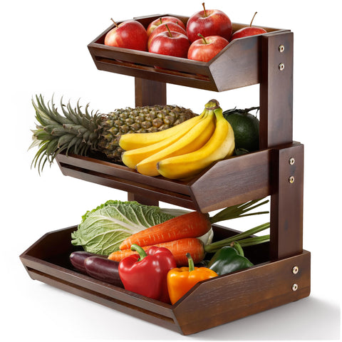 HOLANA Acacia 3-Tier Fruit Basket on counter for easy fruit access and organization.