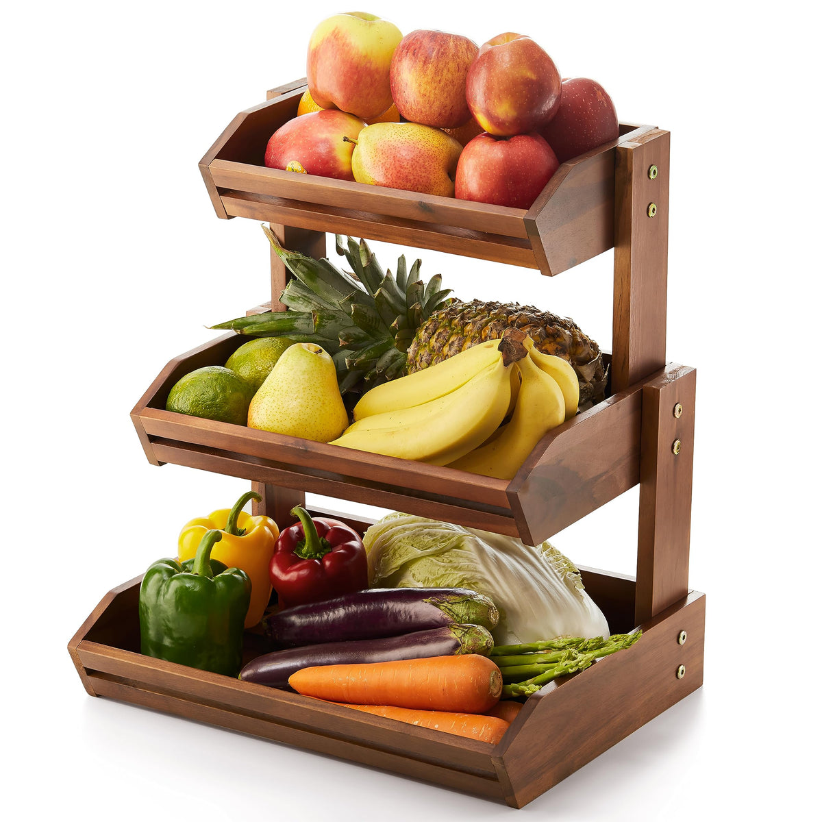 HOLANA Acacia 3-Tier Fruit Basket, front view, sturdy counter storage for fresh produce.