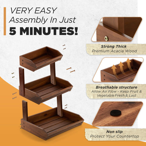 HOLANA Acacia 3-Tier, side view, rustic wooden organizer keeps items organized and accessible.