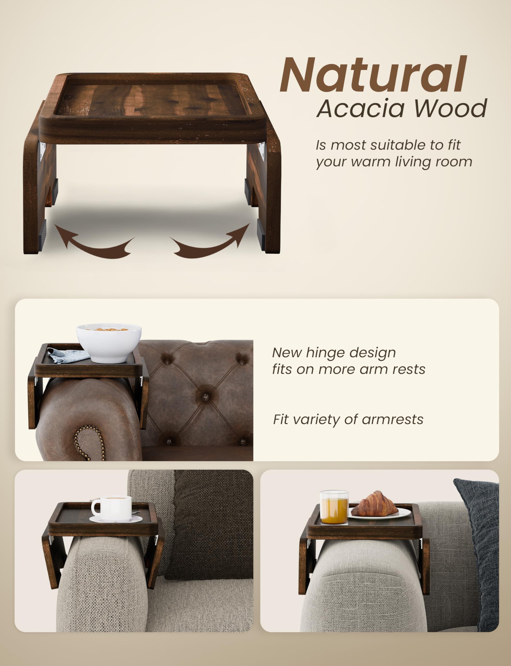 HOLANA Acacia couch armrest table with 360° rotation enables easy phone viewing.