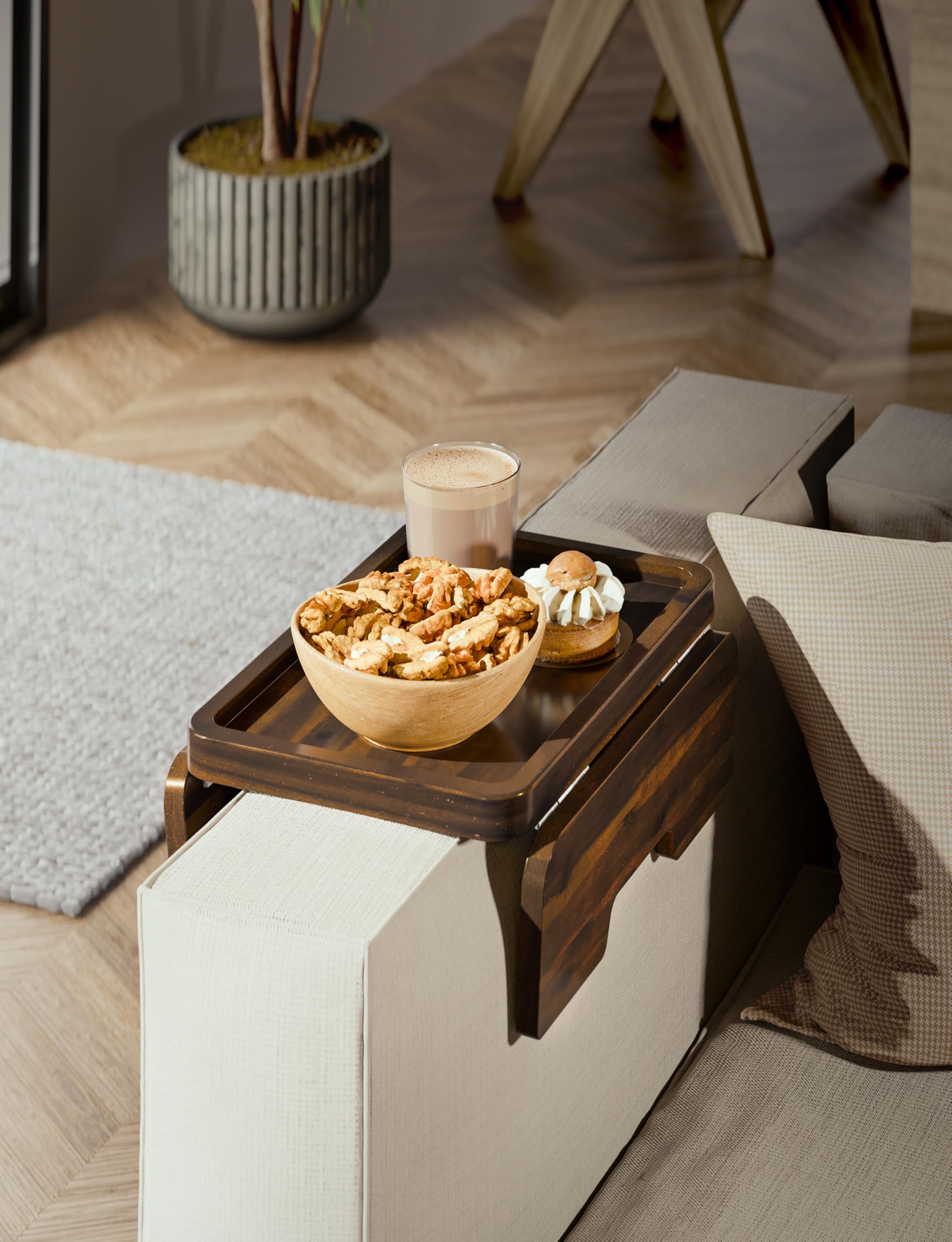 HOLANA Couch tray holds drink and remote within reach on the armrest.