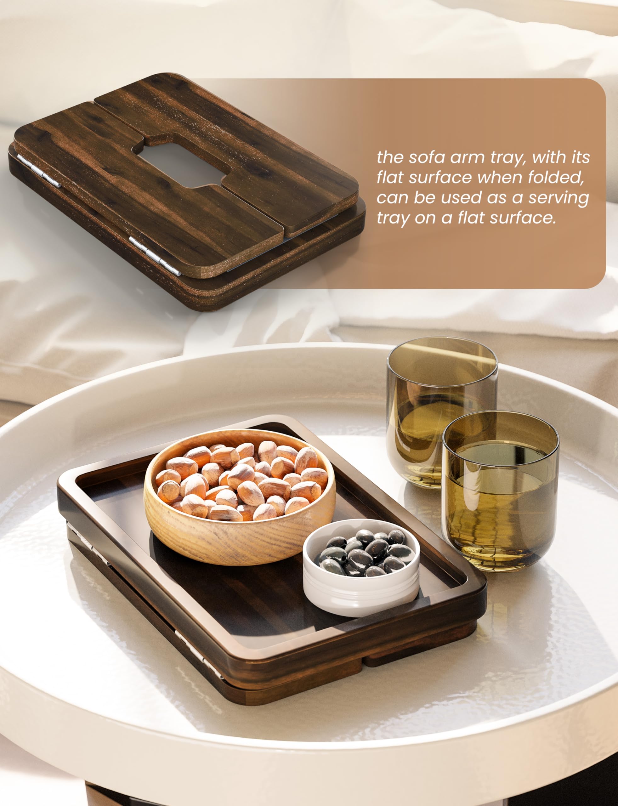 HOLANA Foldable Acacia couch armrest table folded flat for compact storage.