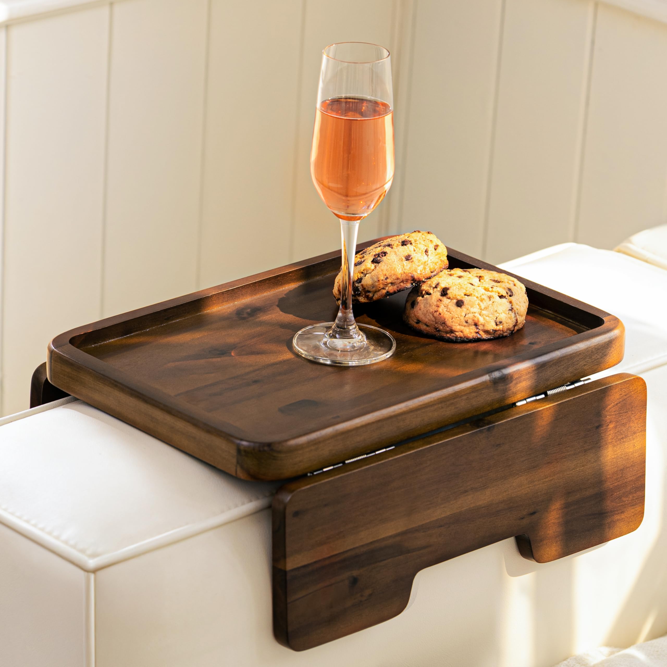 HOLANA Acacia couch armrest table left view shows stable grip for drinks and devices.