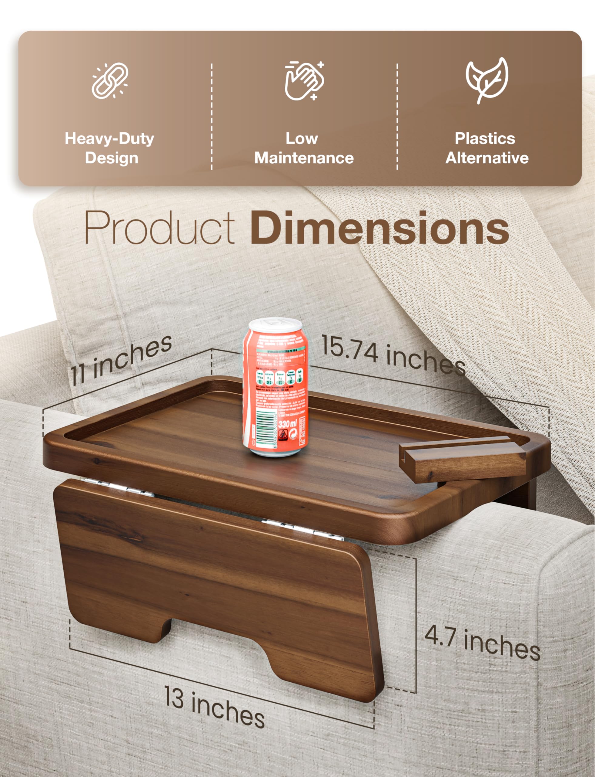 HOLANA Acacia couch armrest table with rotating phone holder for hands-free viewing