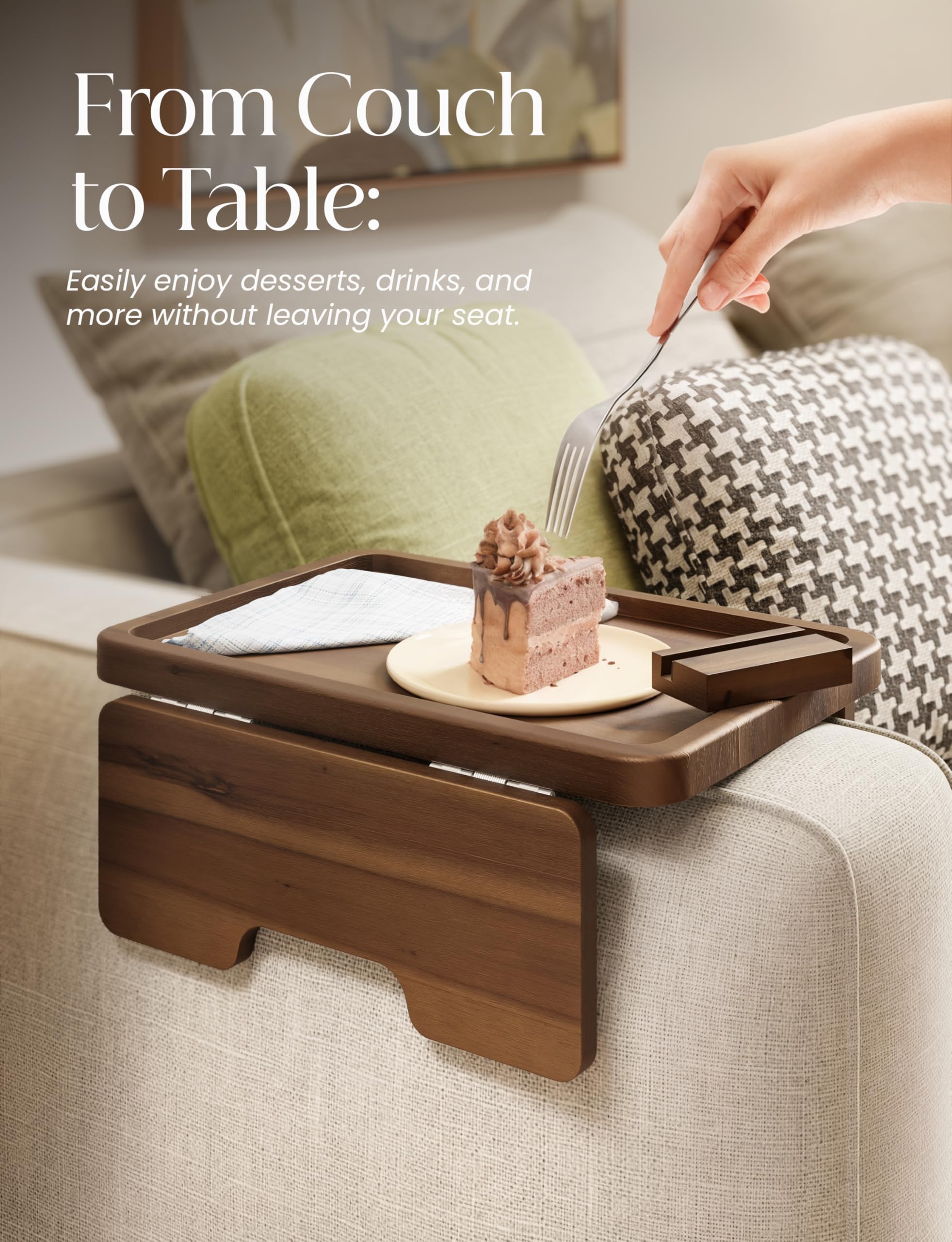 HOLANA Armrest table used as snack tray during TV time on couch