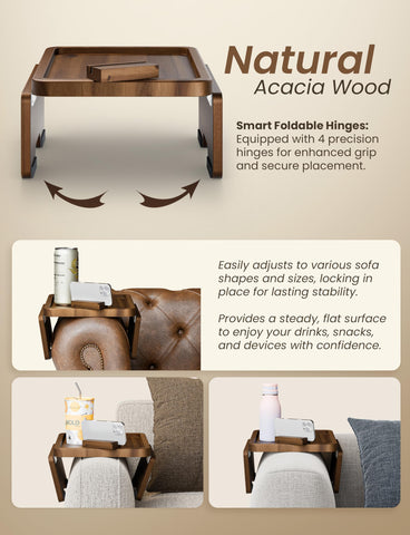 HOLANA Acacia couch armrest table stable with side arms preventing wobble