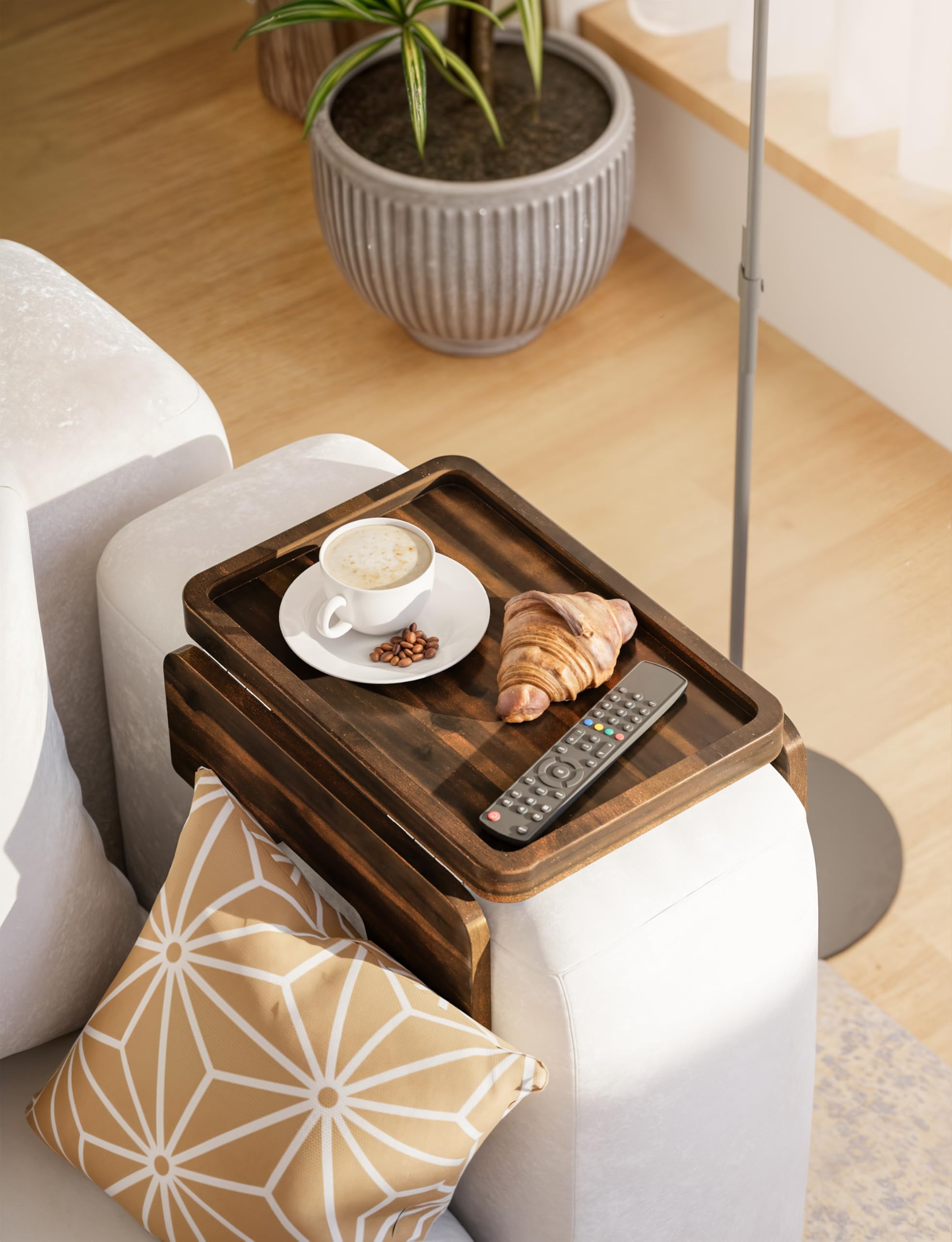 HOLANA Acacia wood grain closeup highlights natural finish of the armrest table.