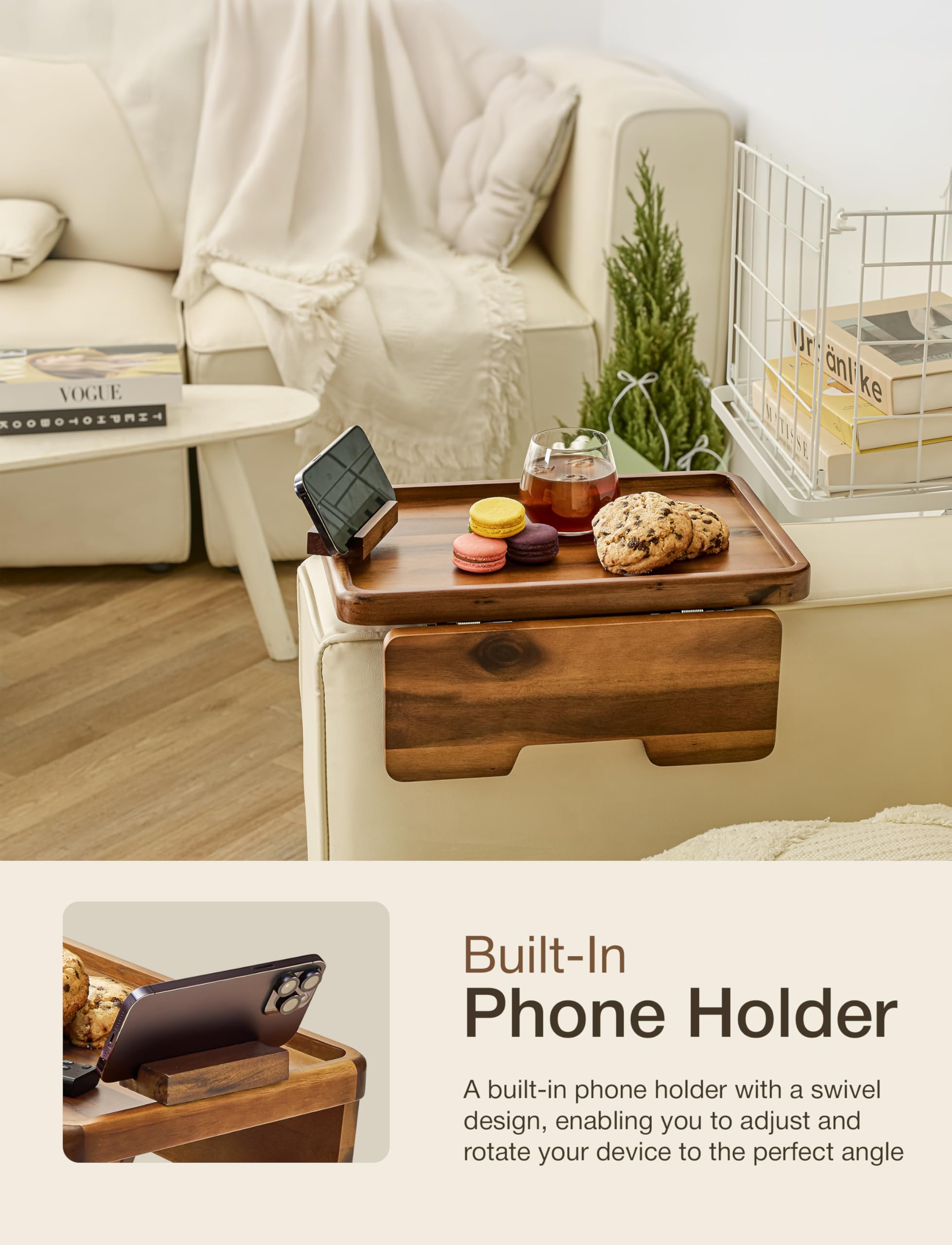 HOLANA foldable acacia couch tray beside a sofa for portable use