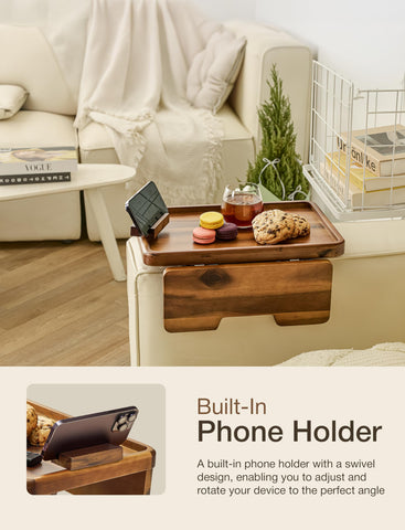 HOLANA foldable acacia couch tray beside a sofa for portable use