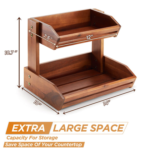 HOLANA Acacia two-tier basket side view shows stable, user-friendly countertop organization.