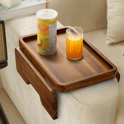 HOLANA acacia wood armrest tray clips securely to a sofa arm for added surface.