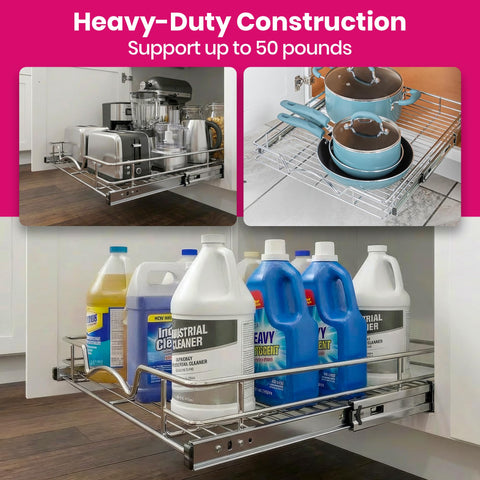 HOLDN’ STORAGE supports up to 50 pounds with sturdy chrome hardware.