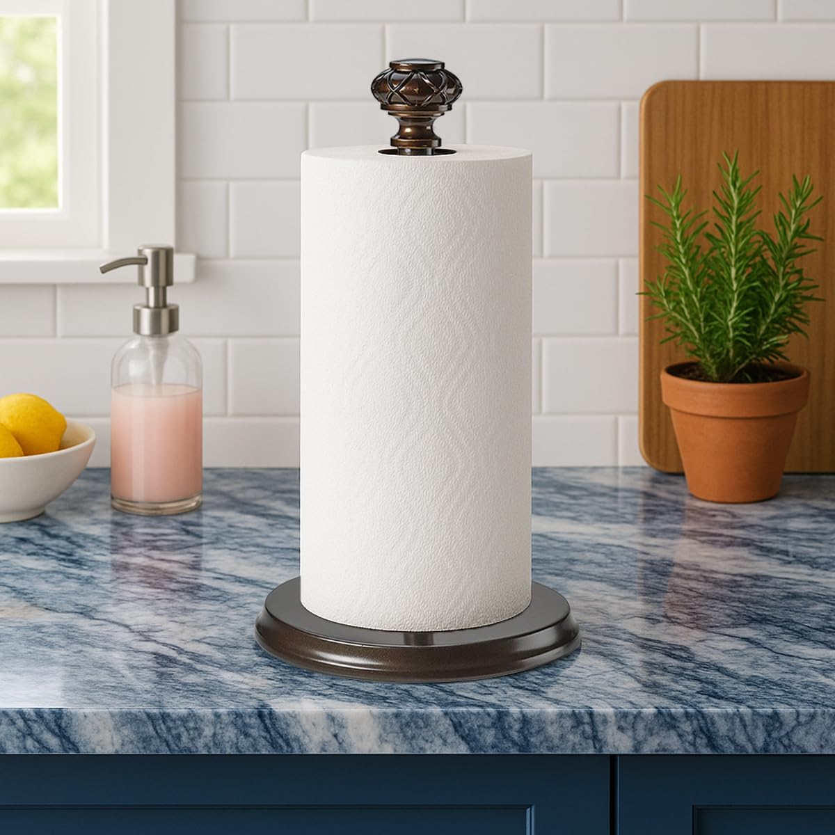HOLDN’ STORAGE bronze finish paper towel holder adds elegant kitchen decor.
