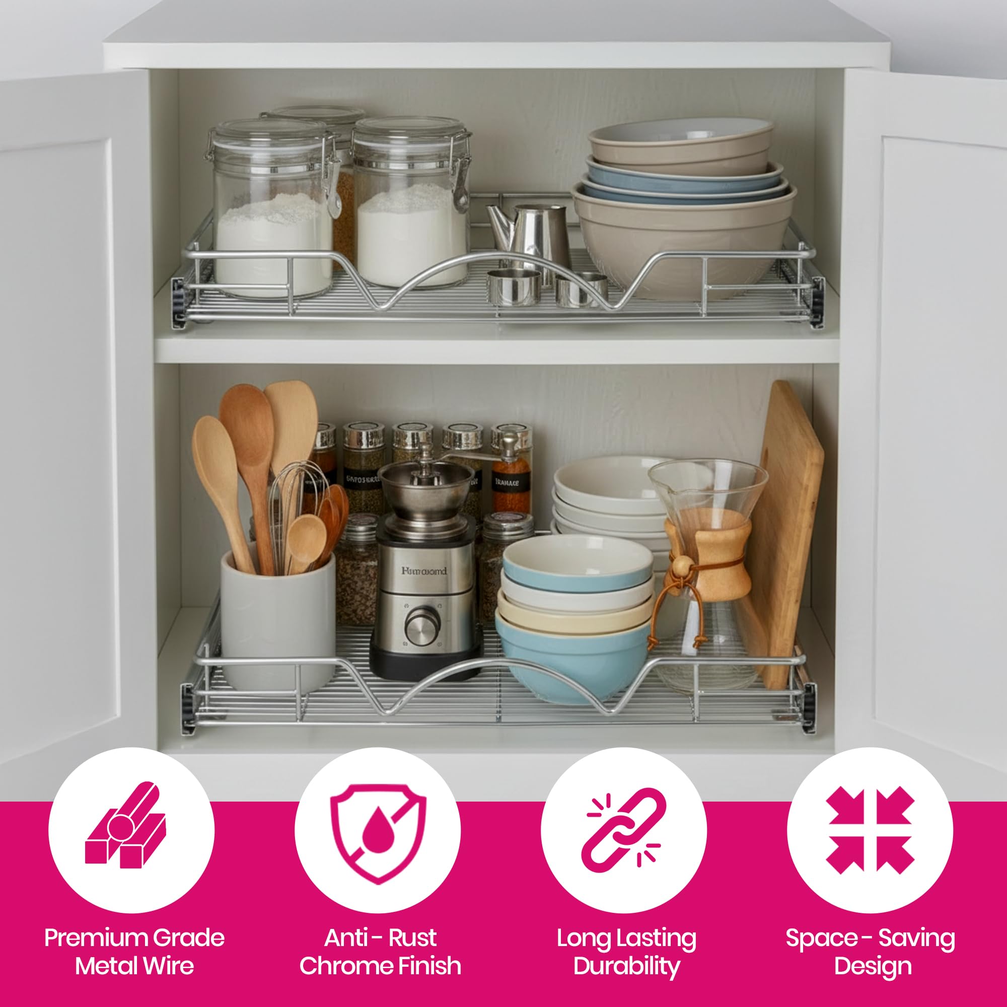 HOLDN’ STORAGE chrome finish cabinet organizer fits openings for compatible cabinets.