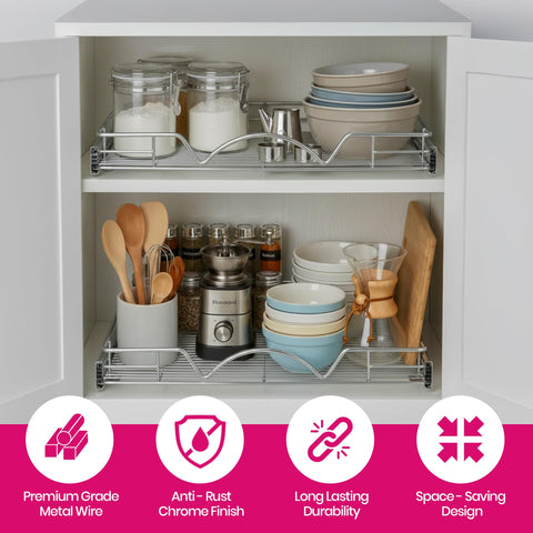 HOLDN’ STORAGE chrome finish cabinet organizer fits openings for compatible cabinets.