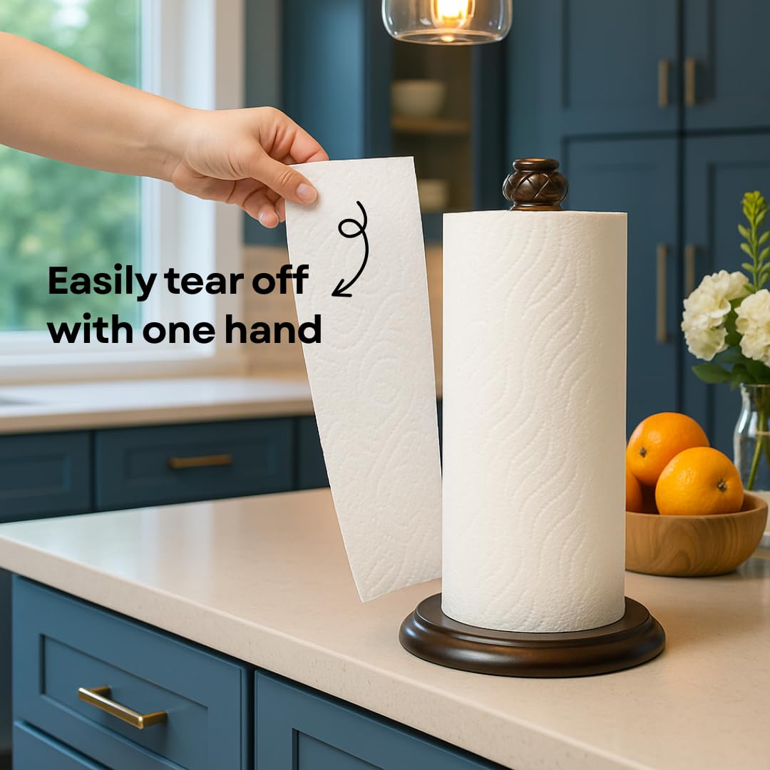 HOLDN’ STORAGE countertop paper towel holder fits regular and jumbo rolls for versatility.