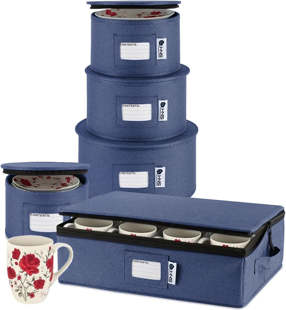 HOLDN’ STORAGE denim blue china storage with hard shell protects dishes during moves
