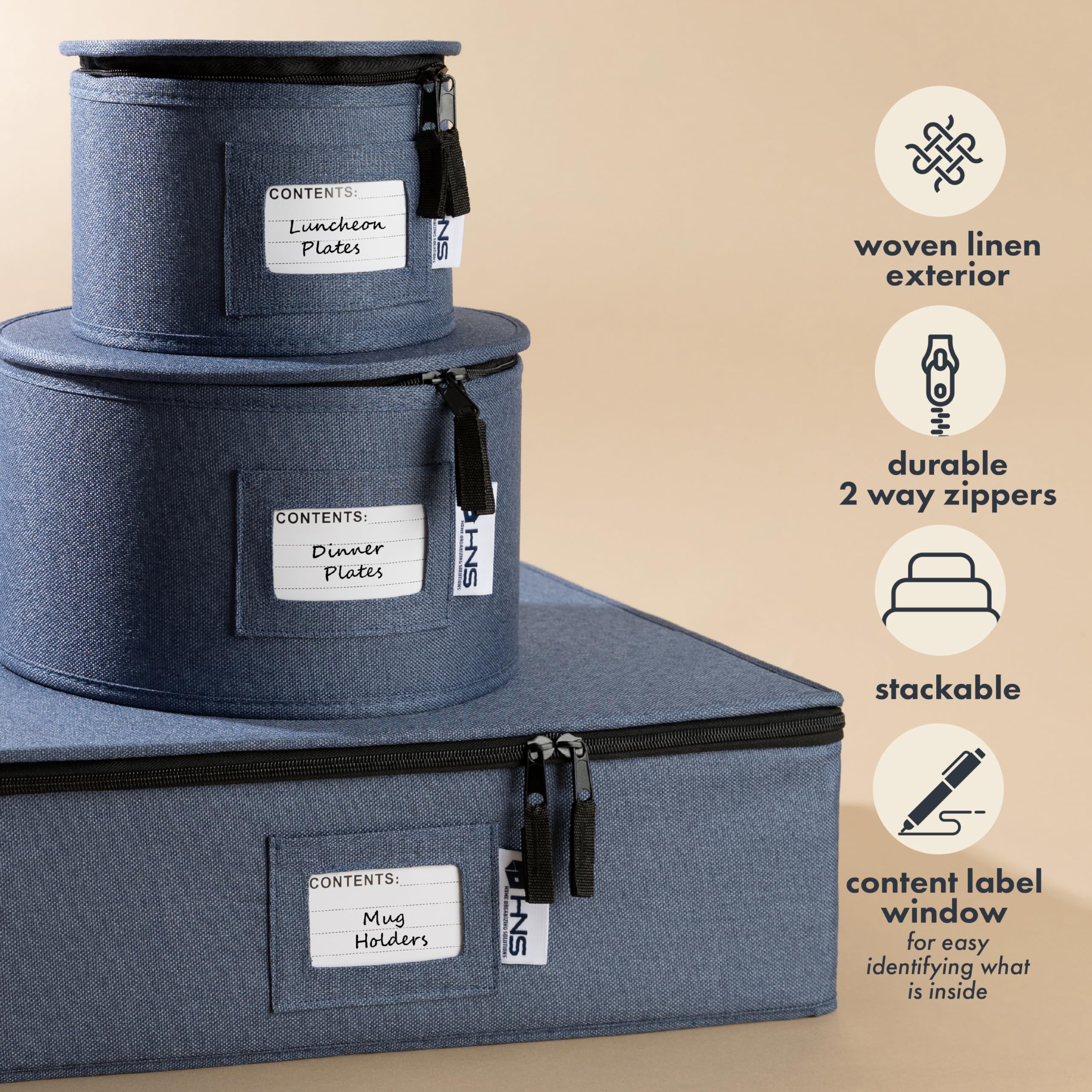 HOLDN’ STORAGE denim blue container with felt dividers keeps dinnerware secure