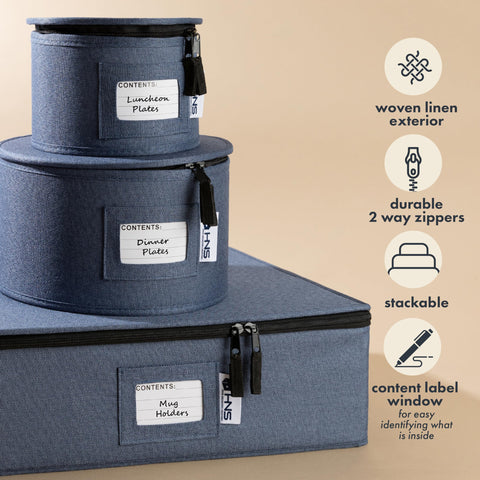 HOLDN’ STORAGE denim blue container with felt dividers keeps dinnerware secure