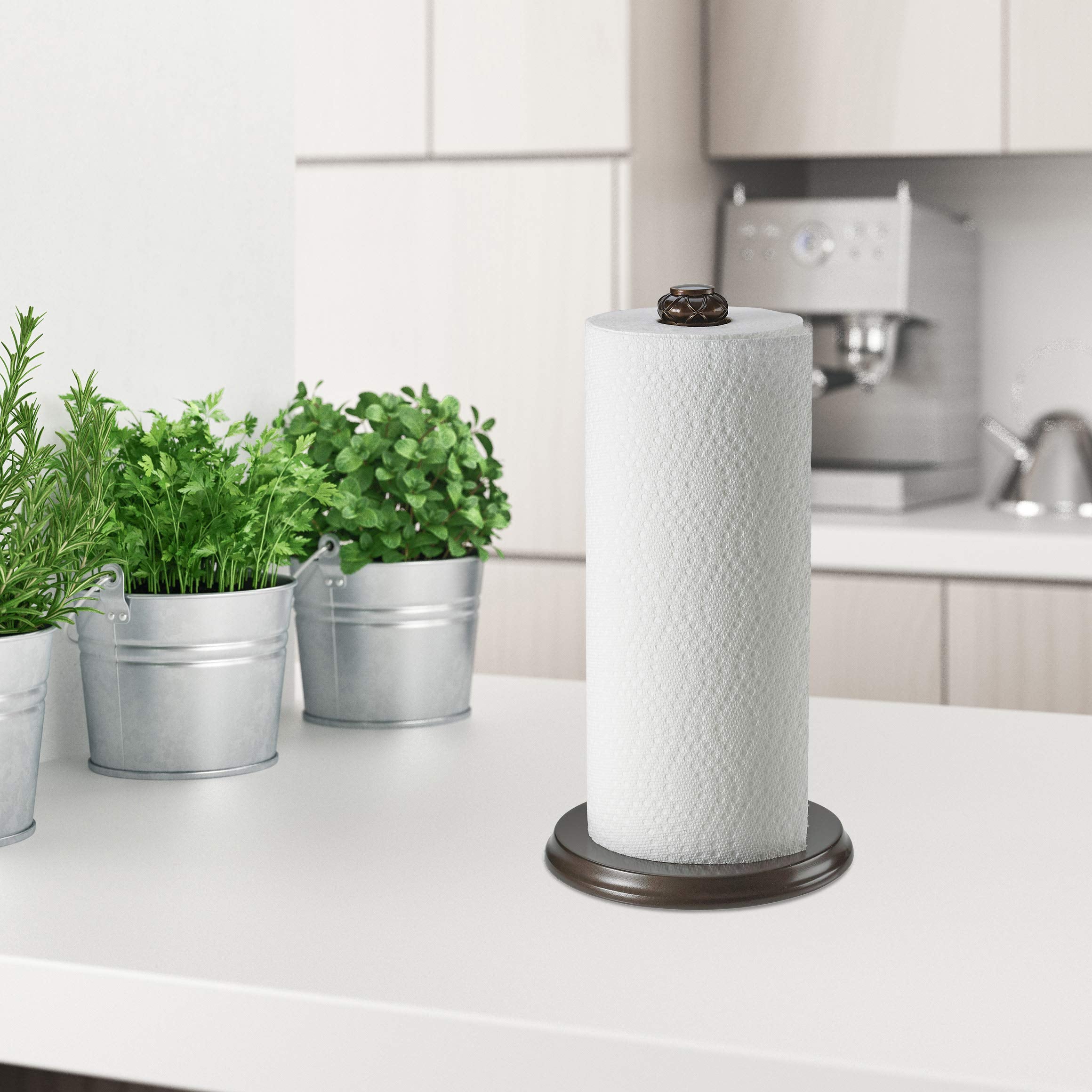 HOLDN’ STORAGE oil-rubbed bronze paper towel holder blends with rustic kitchens.