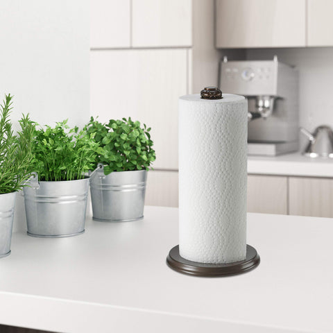 HOLDN’ STORAGE oil-rubbed bronze paper towel holder blends with rustic kitchens.