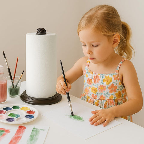 HOLDN’ STORAGE paper towel holder with weighted base prevents tipping on countertops.