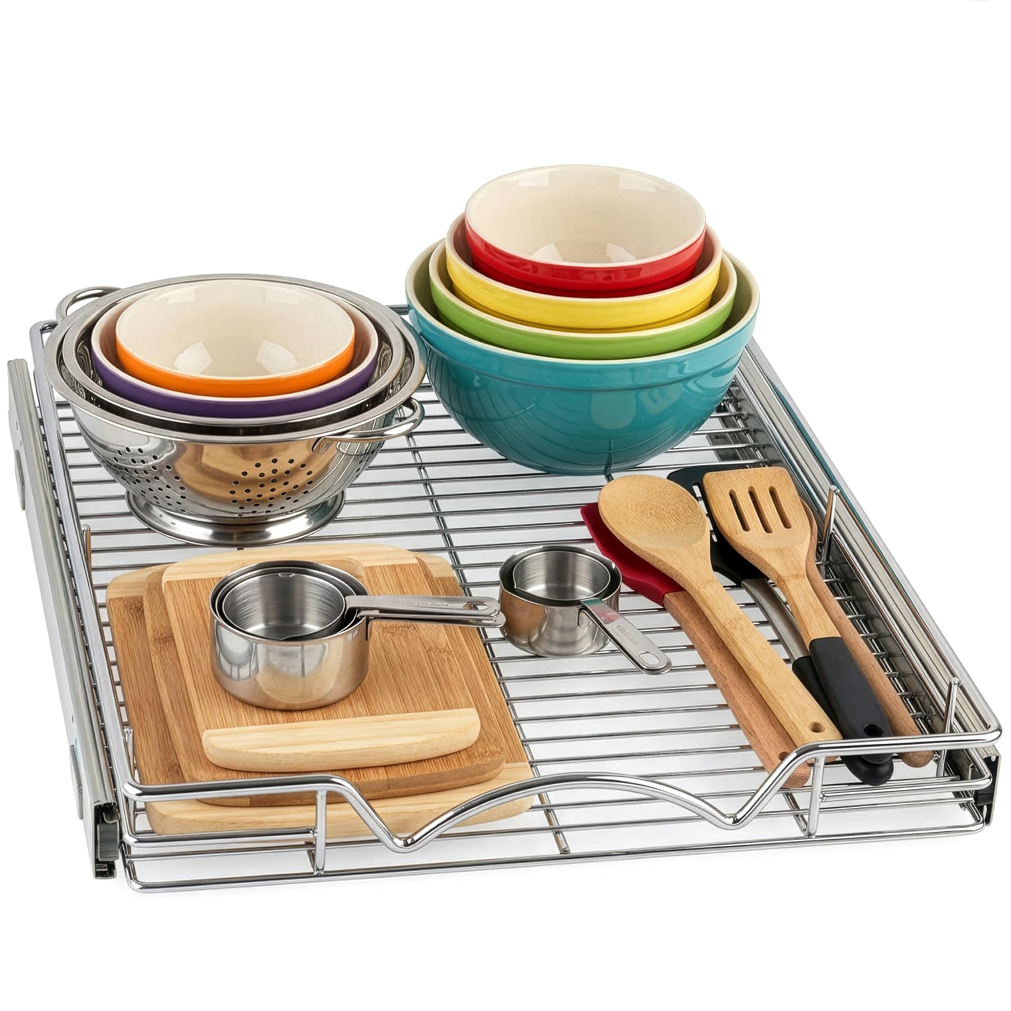 HOLDN’ STORAGE pull-out cabinet organizer in chrome offers easy access to stored spices.