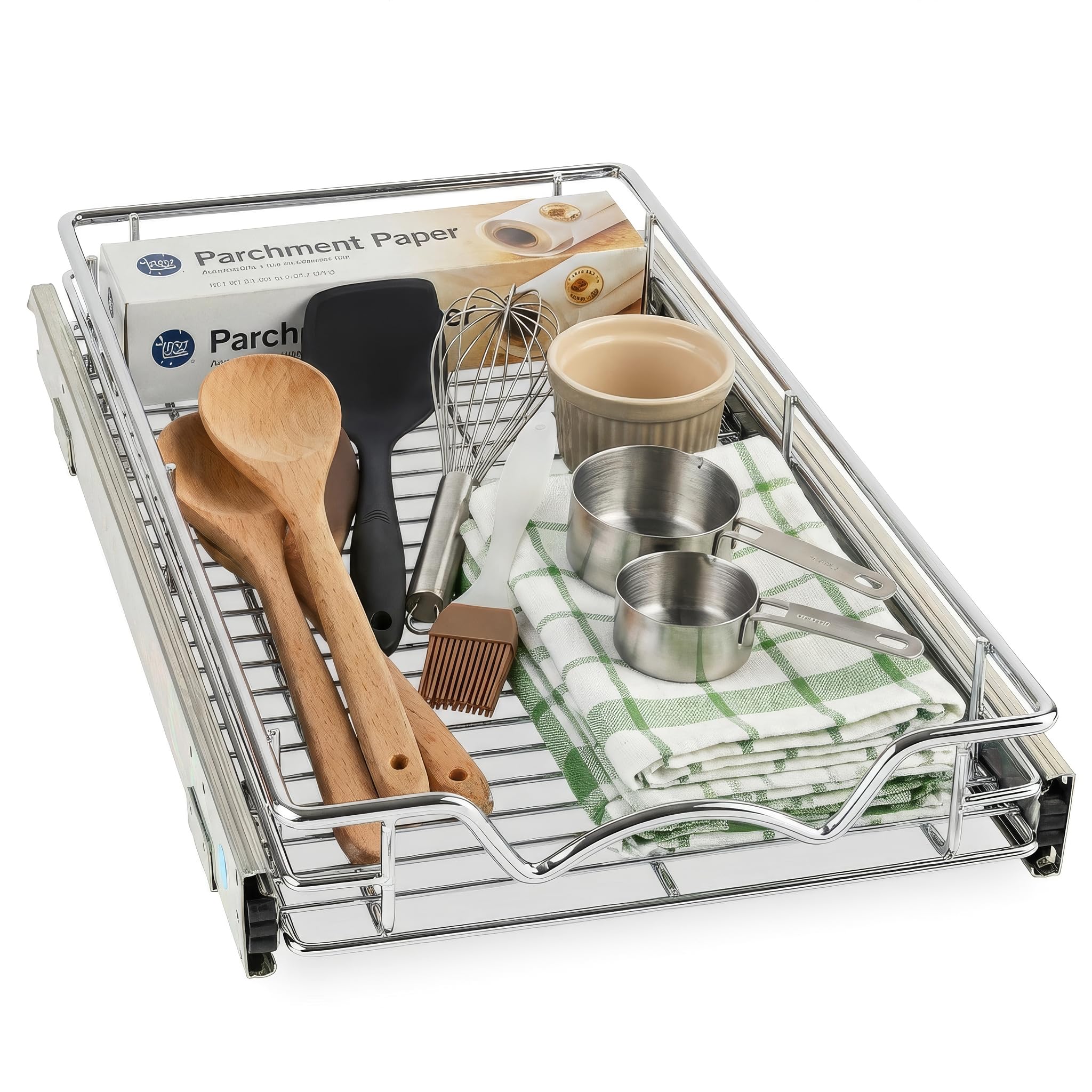 HOLDN’ STORAGE pull-out cabinet organizer front view for easy spice access.