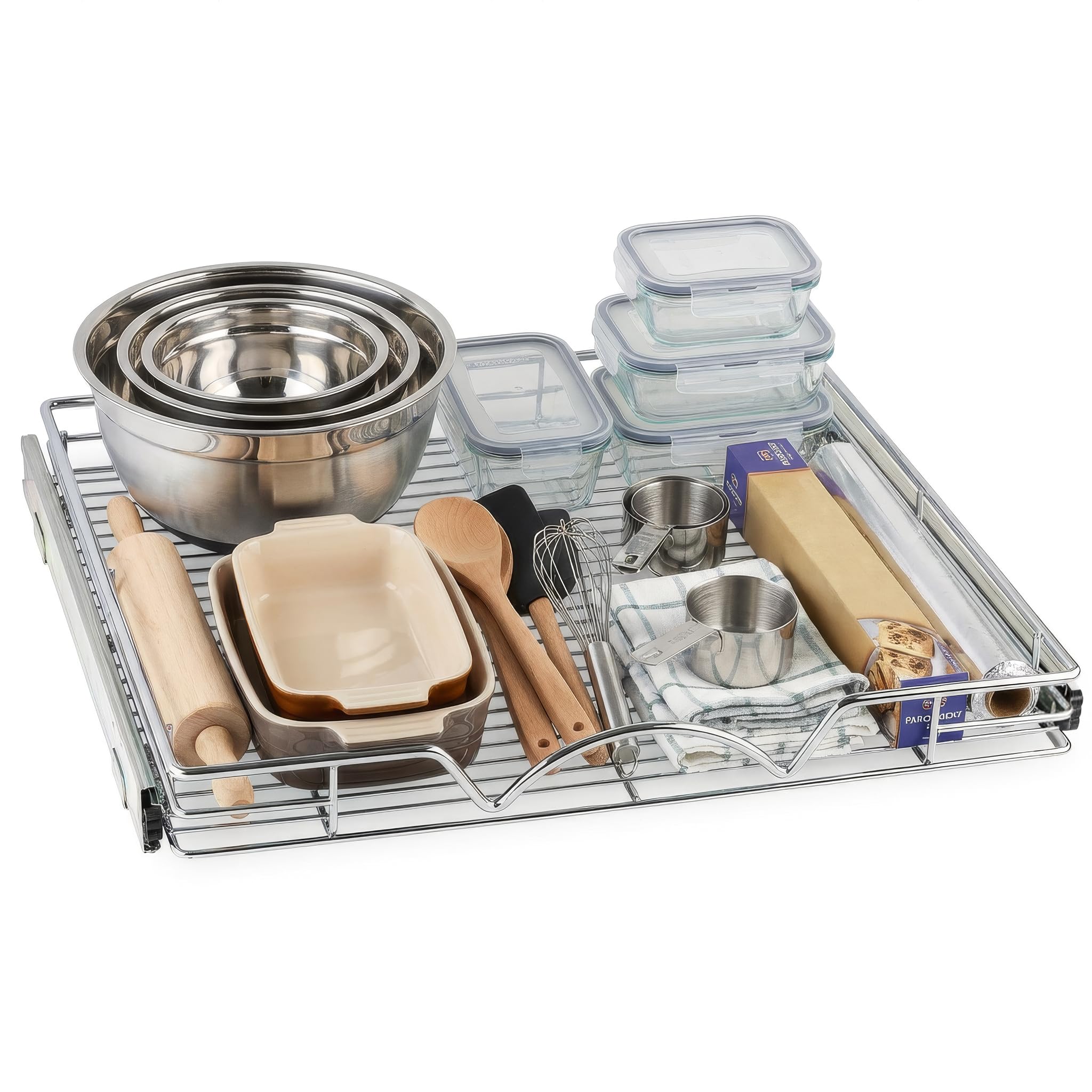 HOLDN’ STORAGE pull-out drawer with chrome finish for quick cabinet access and organization