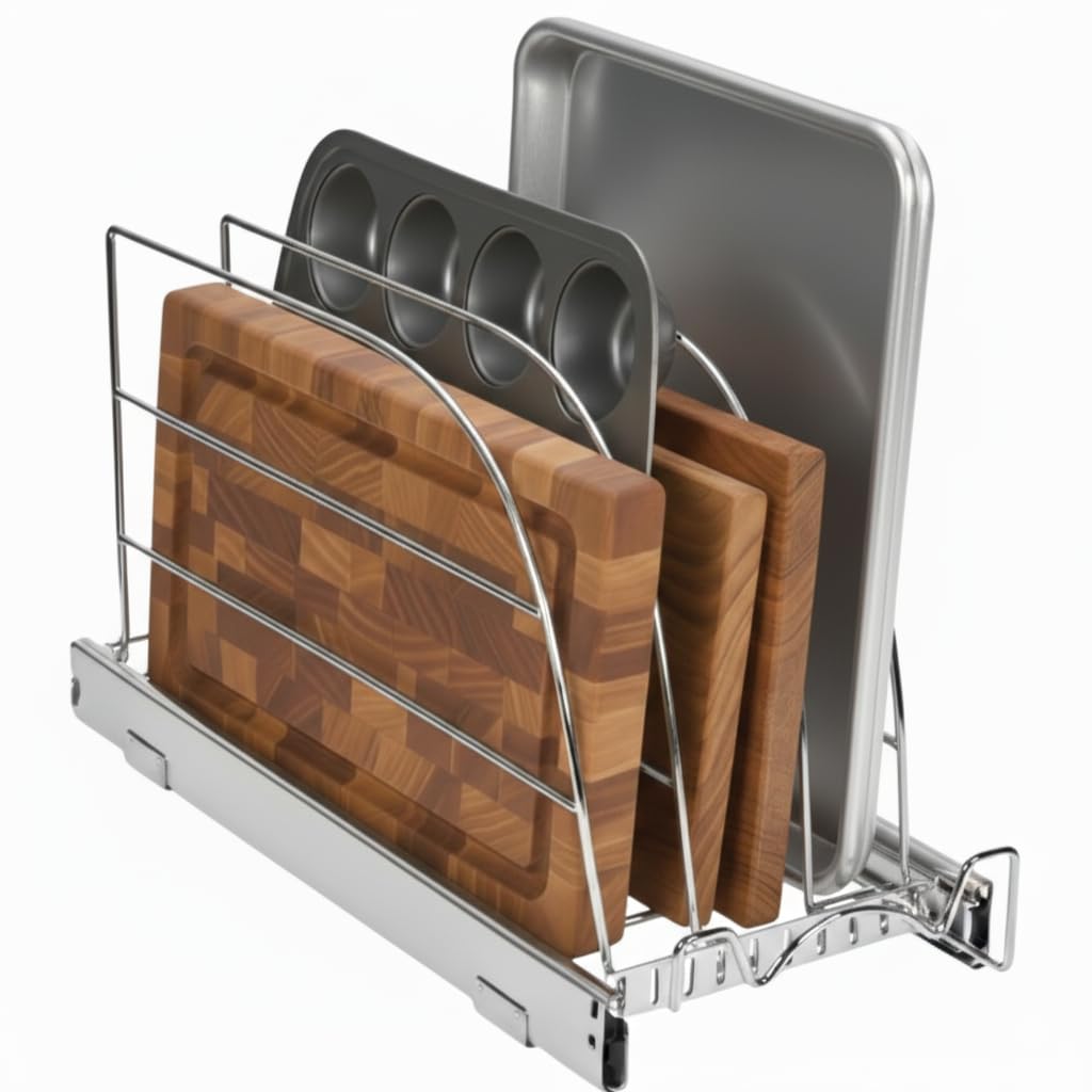 HOLDN’ STORAGE chrome pull-out organizer stores bakeware and trays for easy access