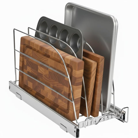 HOLDN’ STORAGE chrome pull-out organizer stores bakeware and trays for easy access