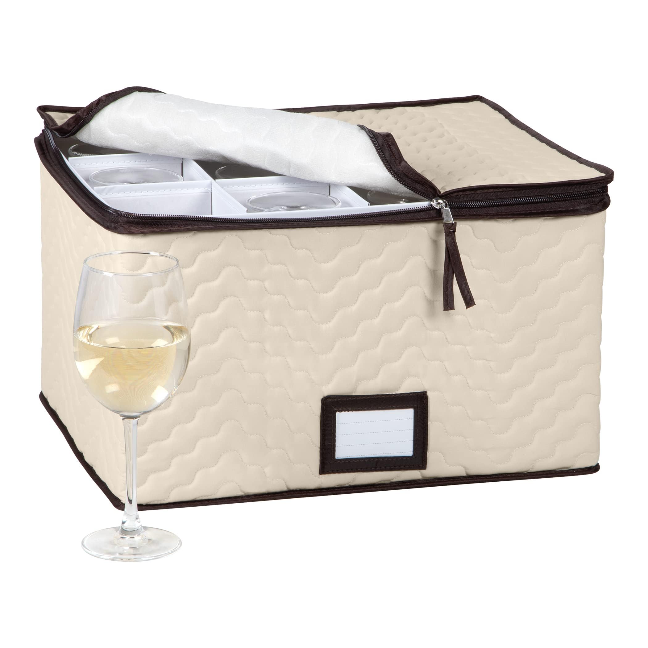 HOLDN’ STORAGE wine glass box with 12 compartments keeps stemware organized.