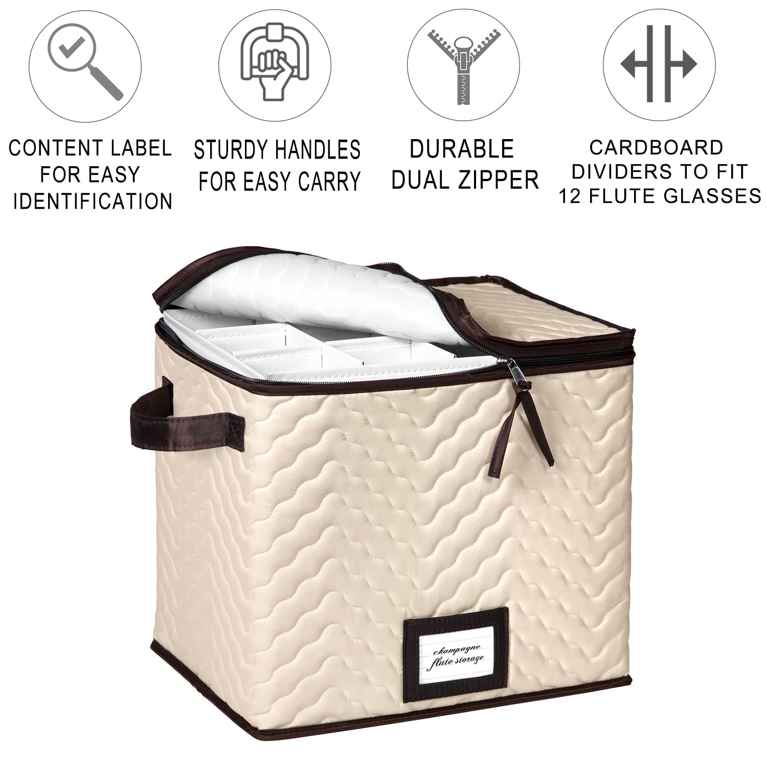 HOLDN’ STORAGE quilted microfiber exterior provides durable, soft protection for delicate glassware.