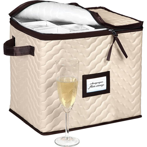 HOLDN’ STORAGE wine glass storage box front view keeps champagne flutes organized and protected.