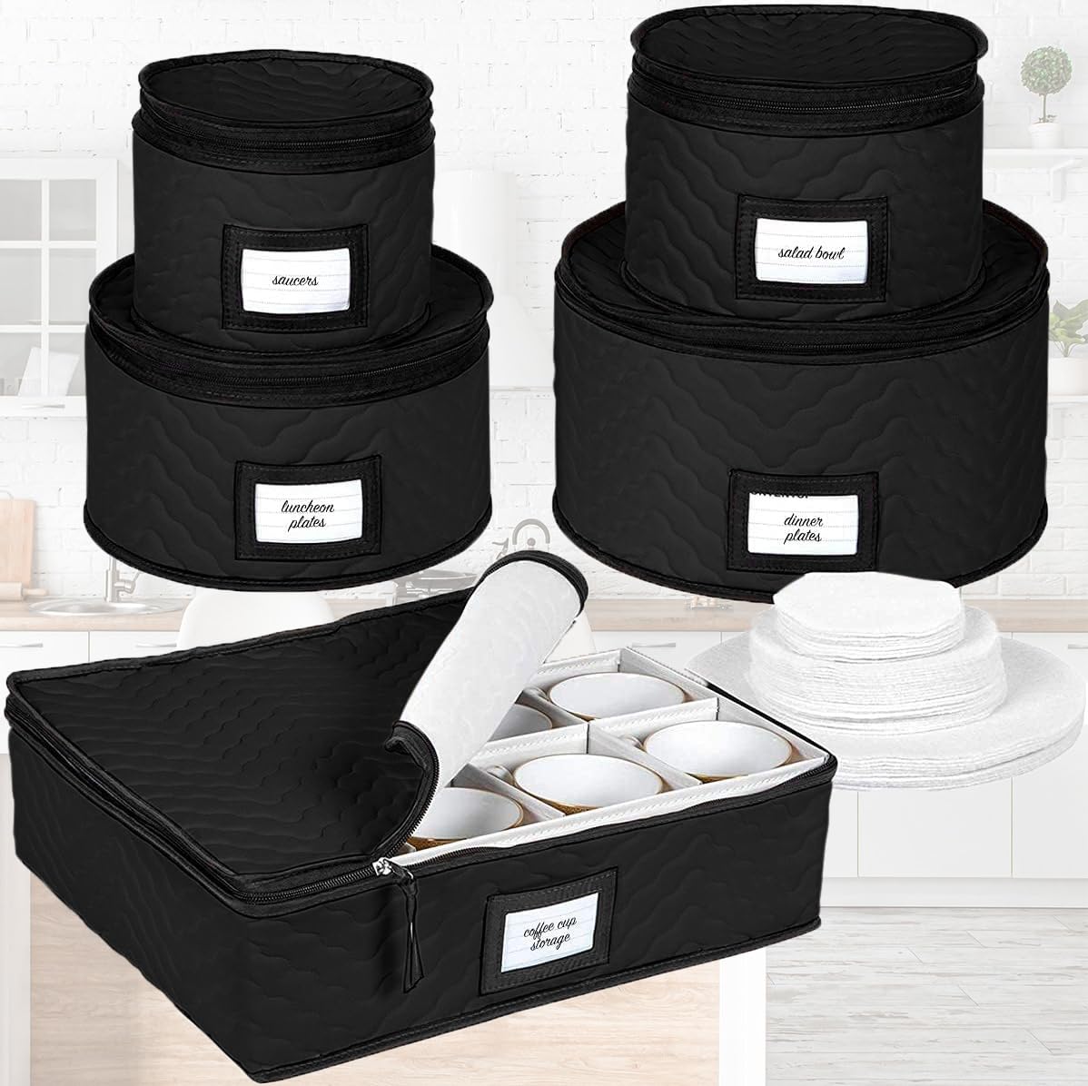 HOLDN’ STORAGE zippered lid enables easy transport of stored dinnerware.