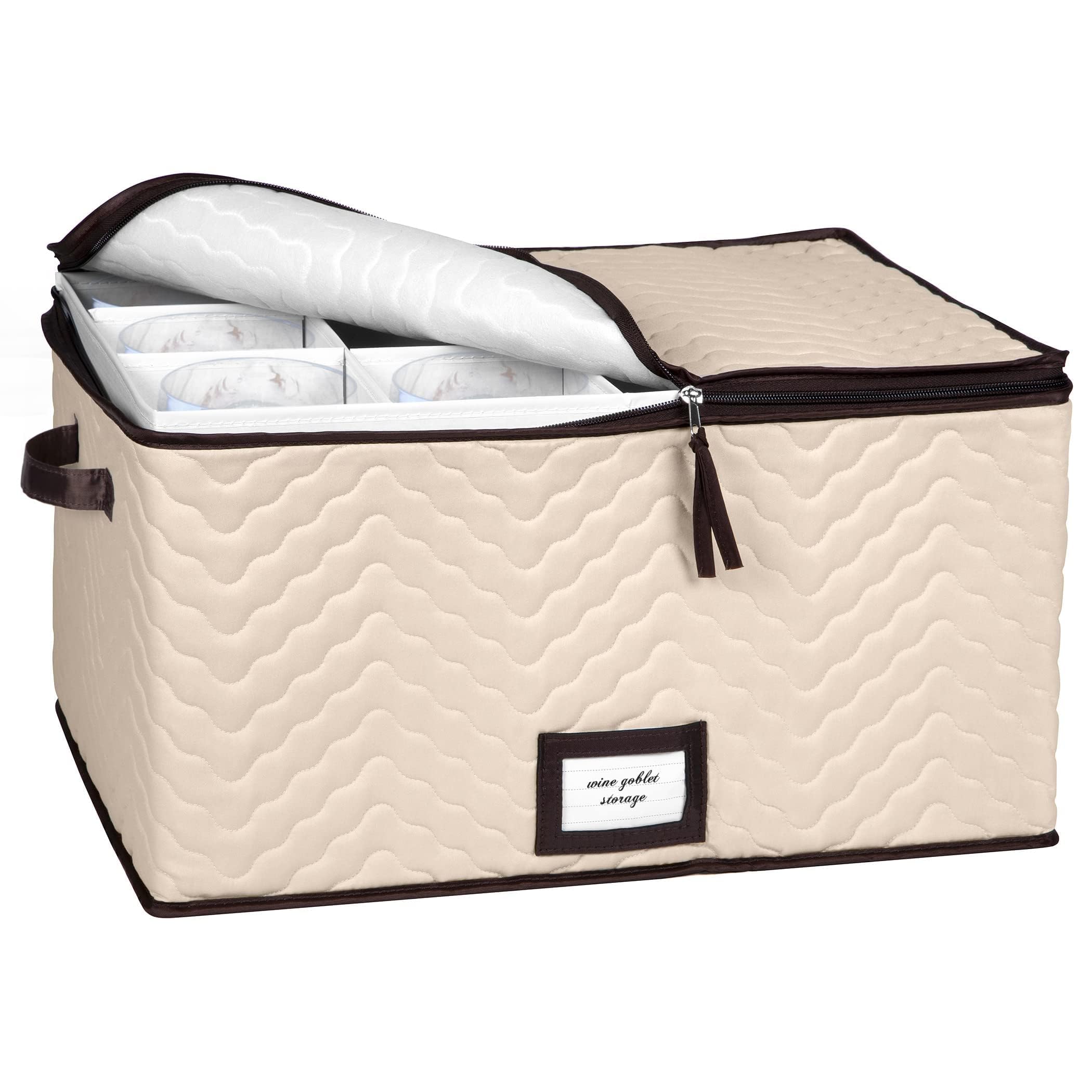HoldnStorage wine glass storage box with dividers keeps stemware organized.