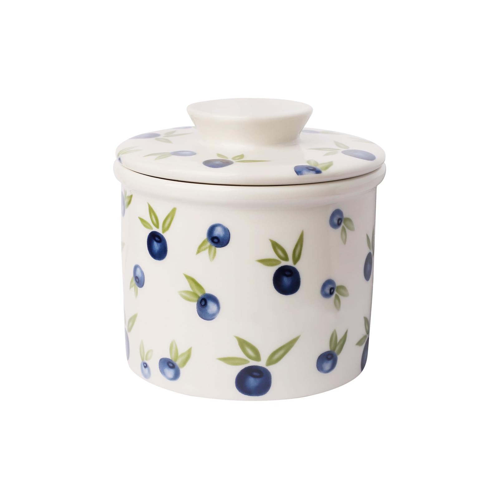 HOLIBAN butter crock on counter with blueBerry lid keeps butter fresh and ready to spread.