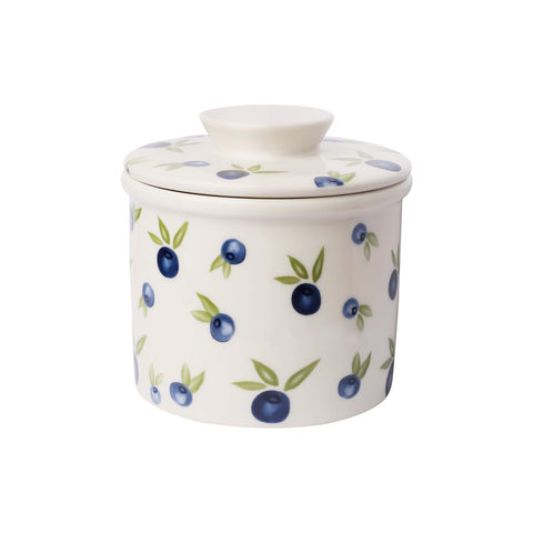 HOLIBAN butter crock on counter with blueBerry lid keeps butter fresh and ready to spread.