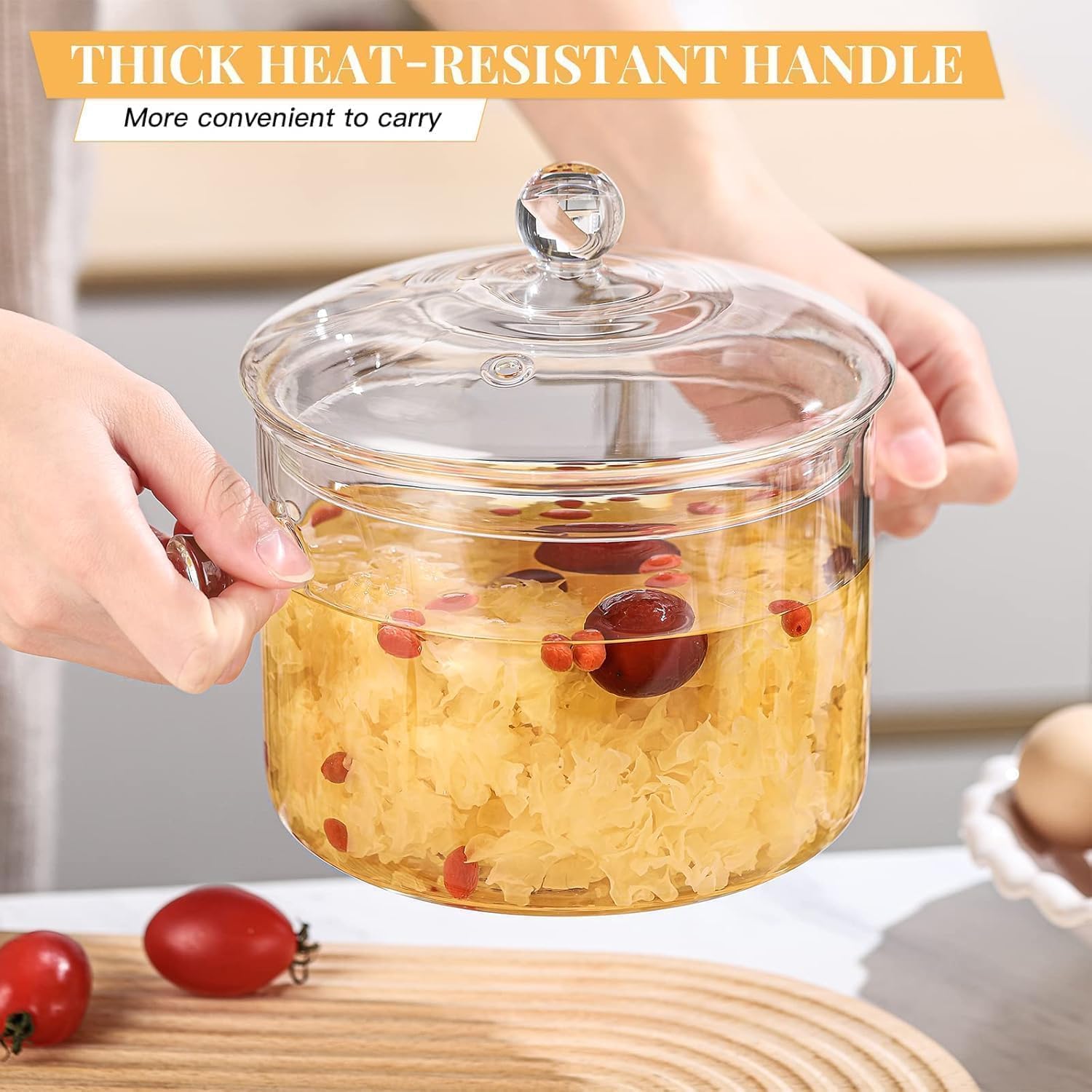 HOLIBAN borosilicate glass pot showing heat resistance from stovetop to oven.