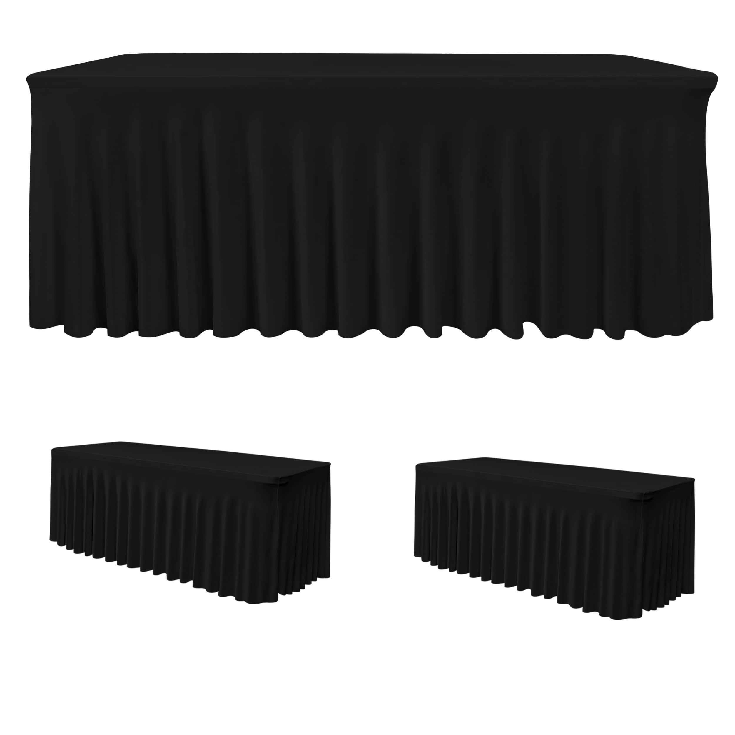 HolidayIdeas black spandex table skirt front view highlights a sleek, professional banquet setup for a polished look