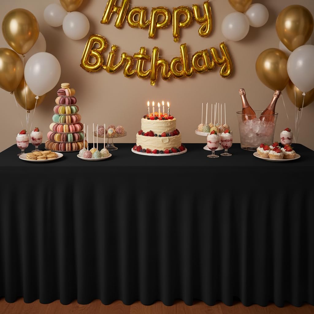 HolidayIdeas black spandex table skirt side-drape demonstrates durable fit for long events and easy cleanup