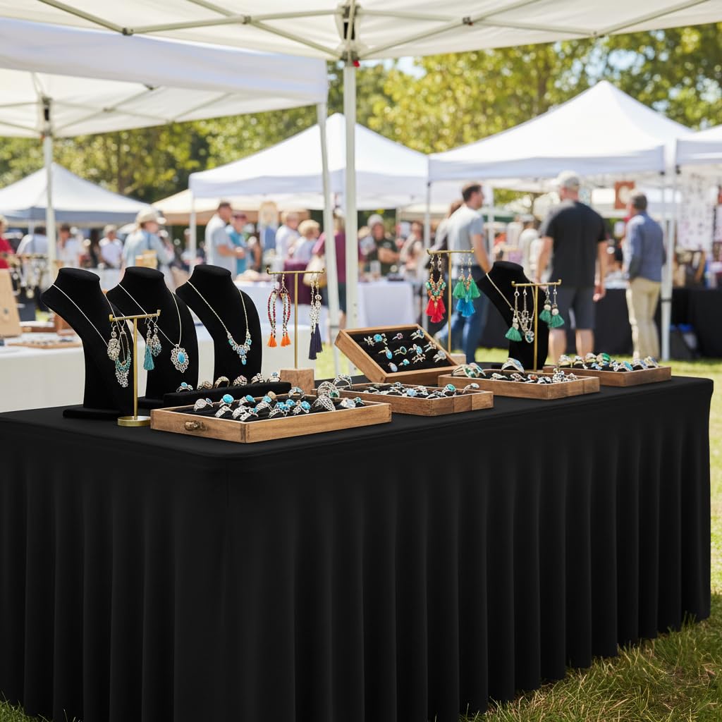 HolidayIdeas black spandex table skirt with ruffle design for an elegant banquet ambiance