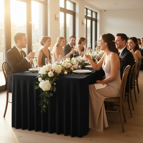 HolidayIdeas black spandex table skirt wrinkle-resistance front view, stays smooth under lighting and traffic at events