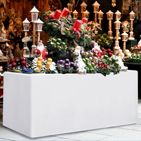 HolidayIdeas fitted white tablecloth close-up shows soft, durable fabric for repeated events.
