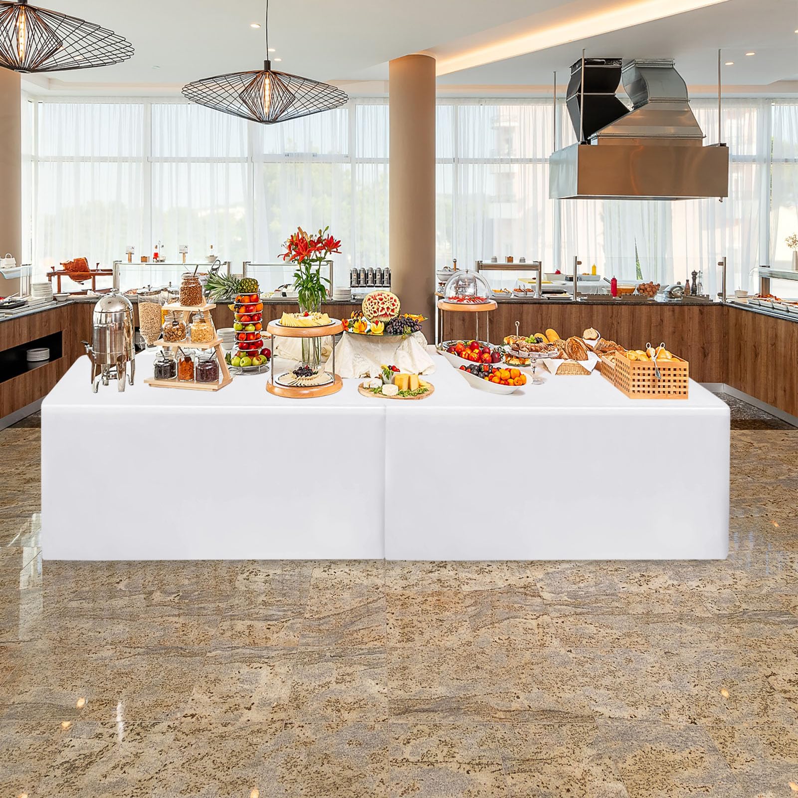 HolidayIdeas fitted white tablecloth conceals legs for a neat, streamlined setup.