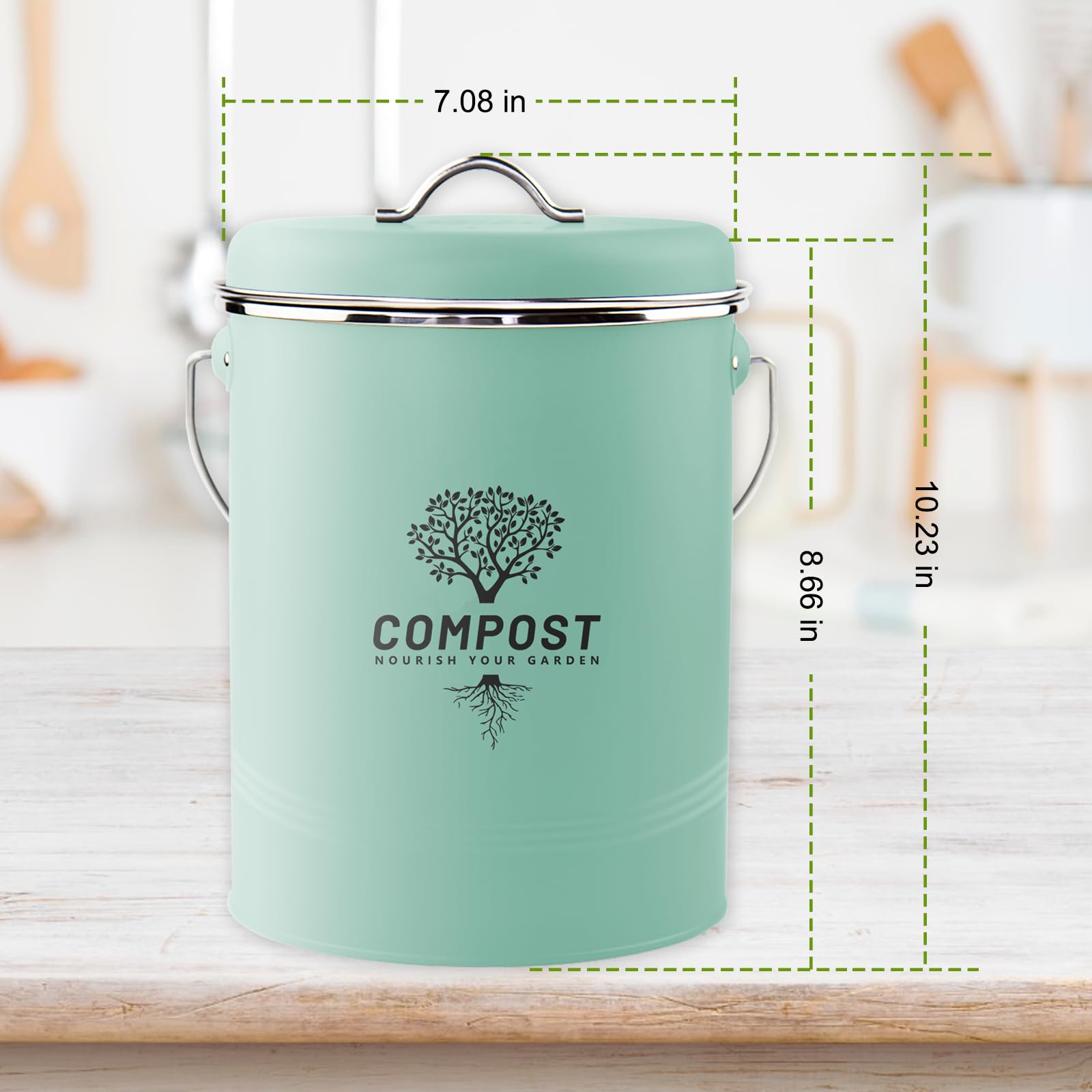 Holismo compost bin with charcoal filter reduces kitchen smells while you sort daily scraps.