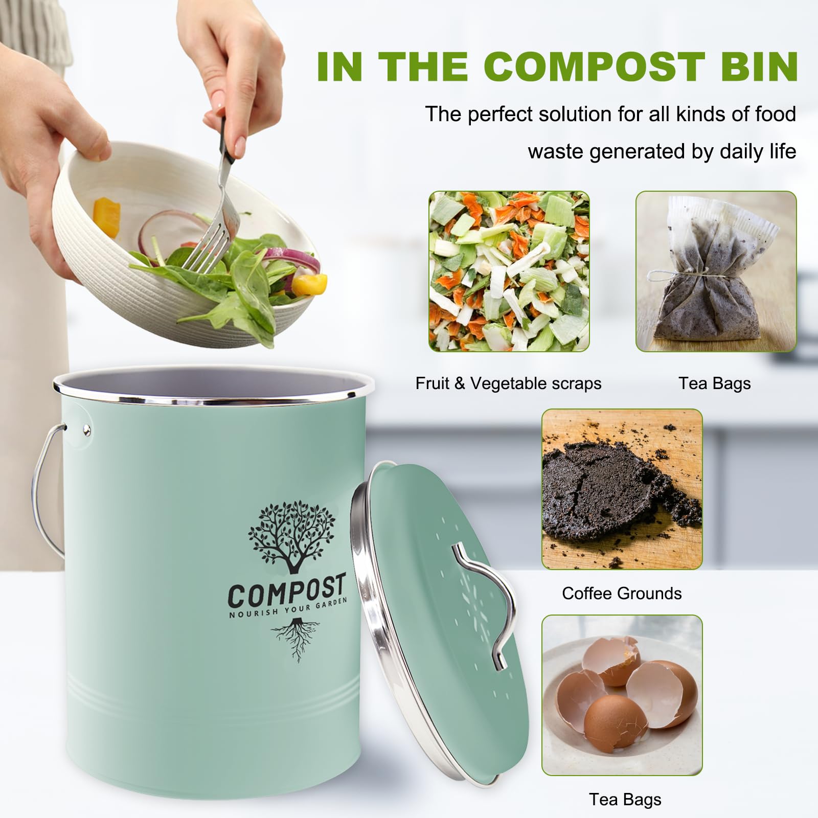 Holismo compost bin with ergonomic handles makes clean, simple disposal effortless.