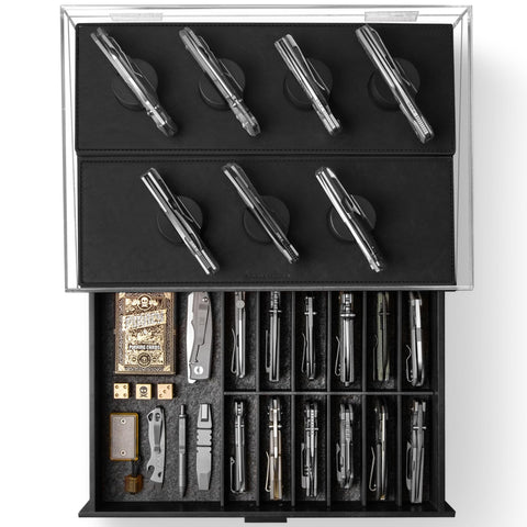 Holme & Hadfield Armory Pro display front view with seven knife posts and premium wood finish